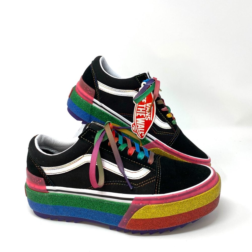 VANS Platform Old Skool Stacked Ripple Glitter Rainbow Black Women's VN0A4U15WW1 - Picture 4 of 11